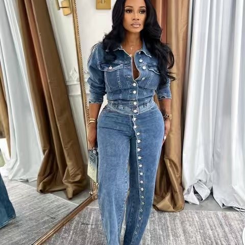 Jeans Suit Women Denim 2 Piece - Streetwear Brand Pants ulasan dan harga