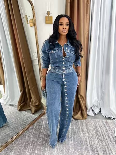 Jeans Suit Women Denim 2 Piece - Streetwear Brand Pants ulasan dan harga